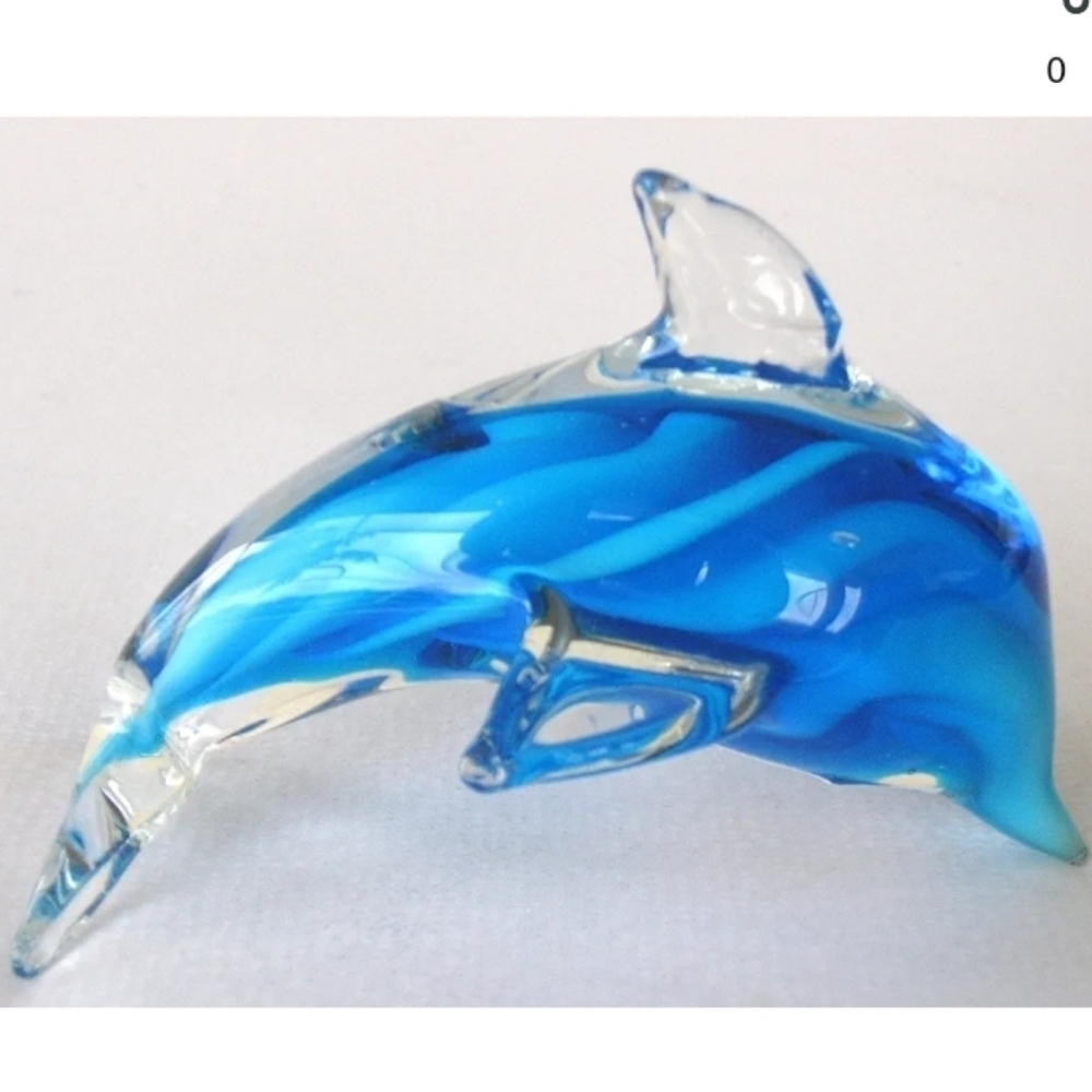 HAND Blown blue and white Art Glass Dolphin 6” Paperweight